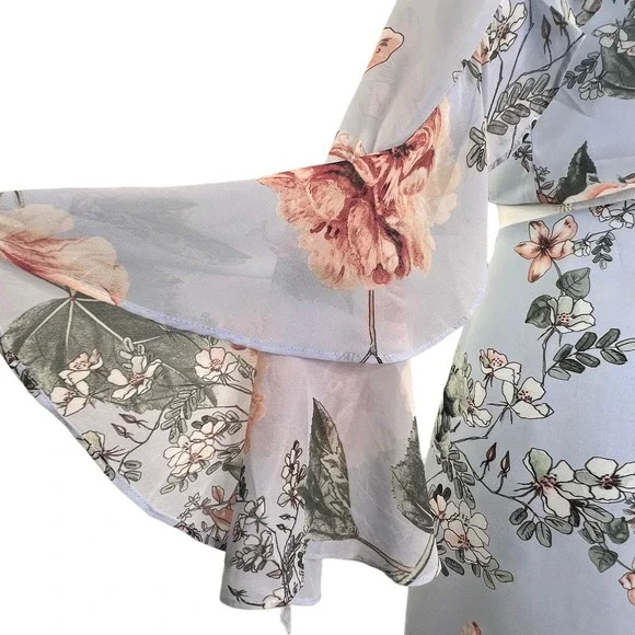 Bardot Revolve Mini Dress Blue Size 6 Floral Frill Bell Sleeves Ruffles Cut Out - Picture 8 of 12